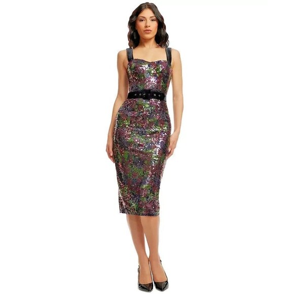 Dress the Population Women's Sequinned Pencil Midi Dress XL Deep Plum (NO BELT) - Picture 1 of 13